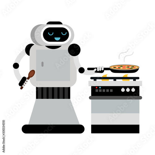 Cute robot home assistant cooks in a pan. Vector illustration.