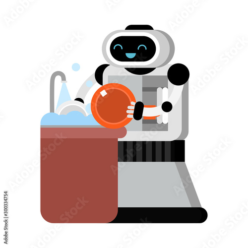 Cute robot home assistant washes the dishes. Vector illustration.