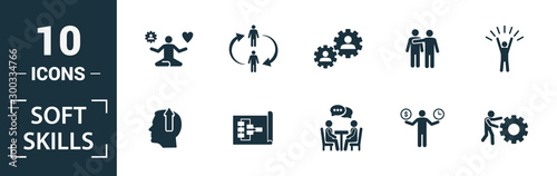 Soft Skills icon set. Include creative elements team spirit, personality, self-promotion, motivating, negotiation icons. Can be used for report, presentation, diagram, web design
