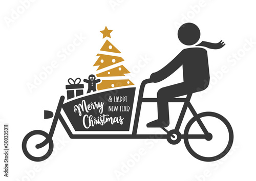 Merry Christmas. Greeting Card. Christmas shopping with a cargo bike