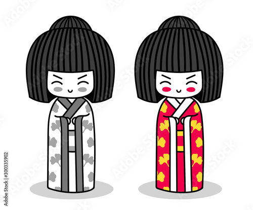 Kawaii little traditional kokeshi dolls. Japanese girls in kimono. Vector illustrations.