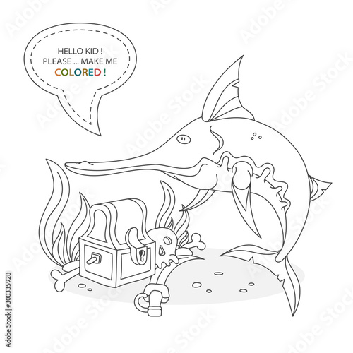 Cartoon character of a water inhabitant. Funny cute swordfish, treasure chest, pirate bones and underwater plants. Vector illustration