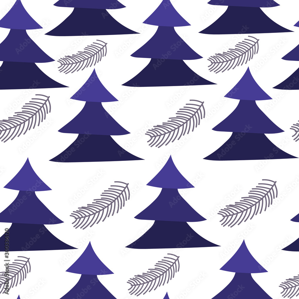 Obraz premium Vector seamless pattern with violet christmas tree and pine branches. Trendy print, background, wallpaper.