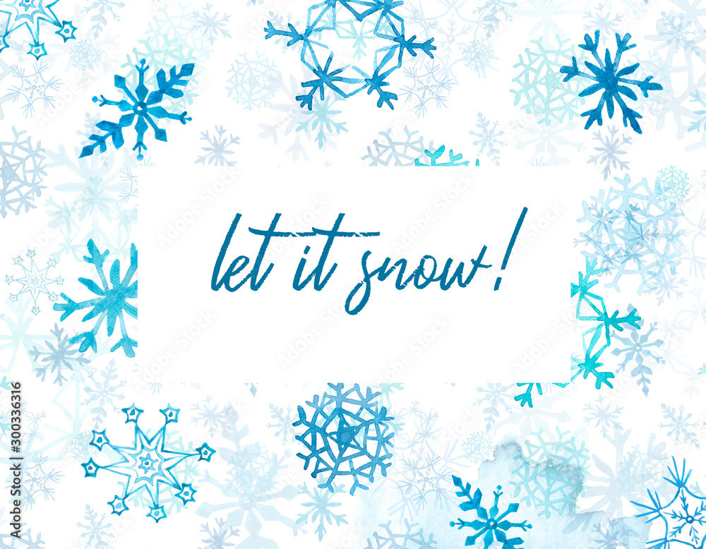 Watercolor Christmas and New Year snowy background with hand painted blue snowflakes on white backdrop. Bright and festive winter illustration. Template for greeting cards with space for text. Watercolor Christmas and New Year snowy background with hand painted blue snowflakes on white backdrop. Bright and festive winter illustration. Template for greeting cards with space for text.