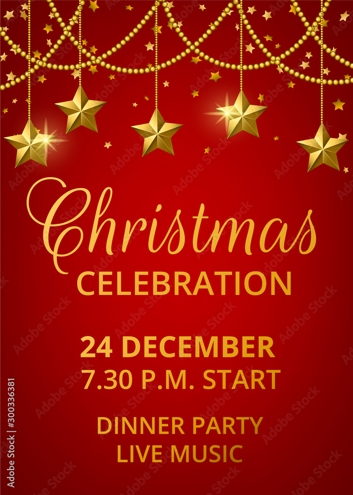 Template of invitation for Christmas celebration with golden stars on red background