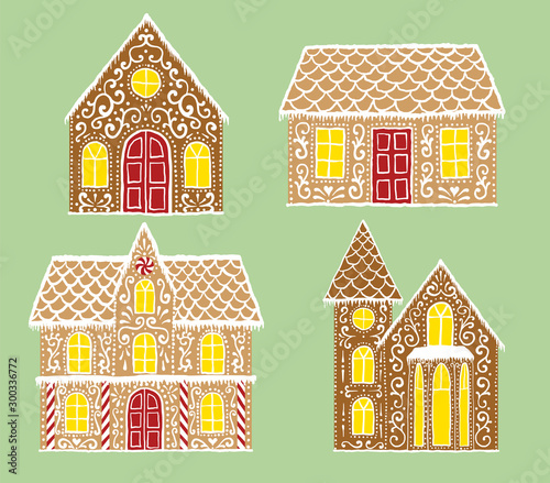 Christmas gingerbread set with gingerbread houses on green background