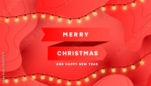 Christmas card with light garland, red gradient ribbon and the inscription, decorated with red liquid fluid shapes.