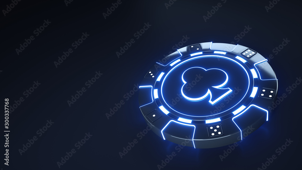 Casino Chip clubs Concept with glowing neon blue lights and Dice dots isolated on the black background - 3D Illustration Casino Chip clubs Concept with glowing neon blue lights and Dice dots isolated on the black background - 3D Illustration