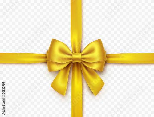 Bow isolated on transparent background. Vector Christmas gold satin ribbon, xmas golden wrap element template.