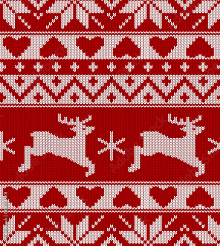 Seamless knitted red pattern with deer. Christmas backgroung