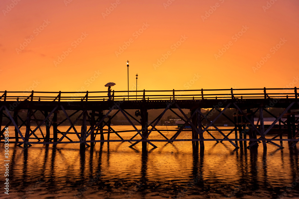 walk on Mon wooden bridge at dusk, Sangkhlaburi
