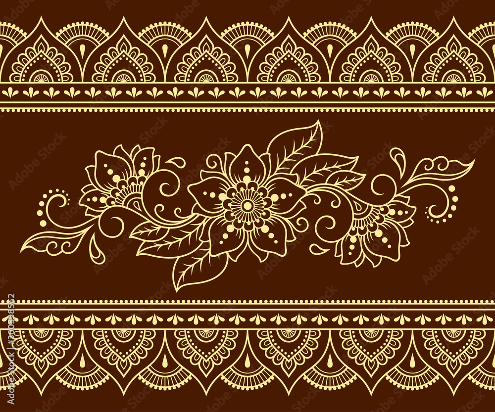 Fototapeta Seamless pattern of mehndi flower and border for Henna drawing and tattoo. Decorative doodle ornament in ethnic oriental, Indian style. Outline hand draw vector illustration.