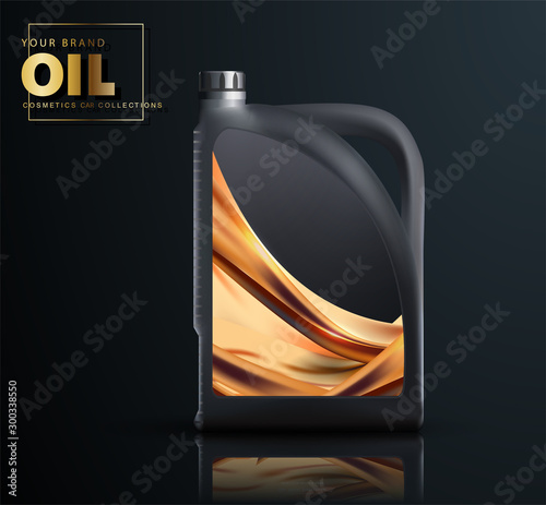 Canister of engine motor oil, full synthetic clinging molecules protection. Bottle engine oil, Technical illustrations. Realistic 3D vector image. canister ads template.
