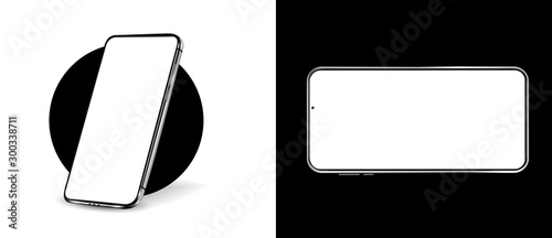 Smartphone mockup. 3D realistic cell phones mockups with blanks screens. Vector isolated set. Mockup generic device. Mobile phones. Top view. Isometric view. Black color