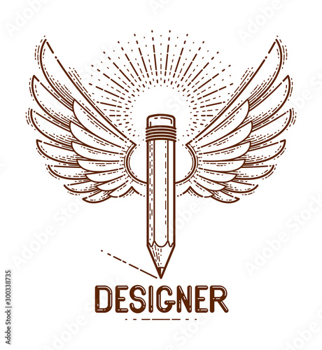 Pencil with wings, vector simple trendy logo or icon for designer or studio, creative freedom, angel design, linear style.