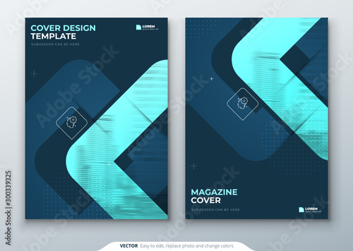 Dark Teal Magazine Design. Cover Template for Magazine, Brochure, Report or Catalog. Layout with Bright Color Shapes and Abstract Photo on Background. Modern Magazine Concept