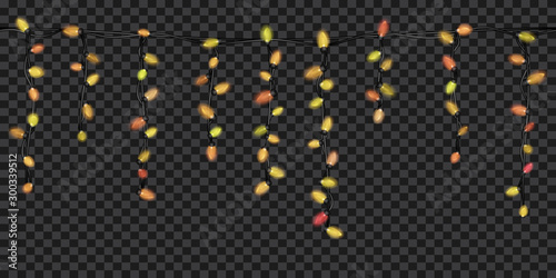 Christmas festive decorations, yellow translucent fairy lights with horizontal repetition, isolated on transparent background. Transparency only in vector file