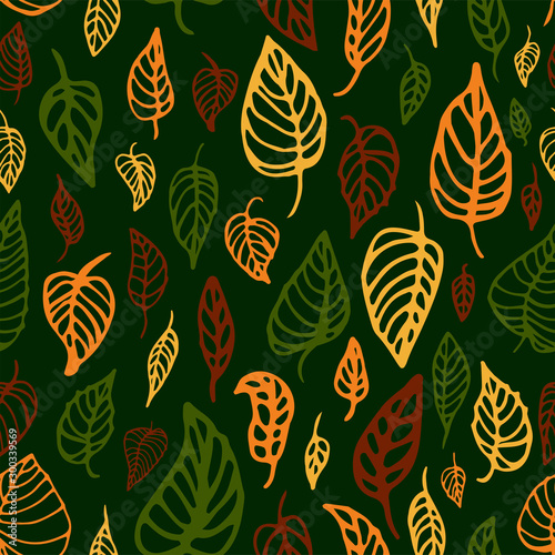 Autumn leaves leaf fall seamless pattern contour stock vector illustration hand drawing