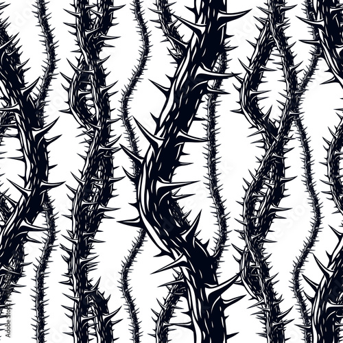 Disgusting horror art and nightmare seamless pattern, vector background. Blackthorn branches with thorns stylish endless illustration. Hard Rock and Heavy Metal