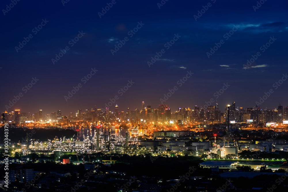 Oil refinery and city center skyline, Bangkok, Thailand