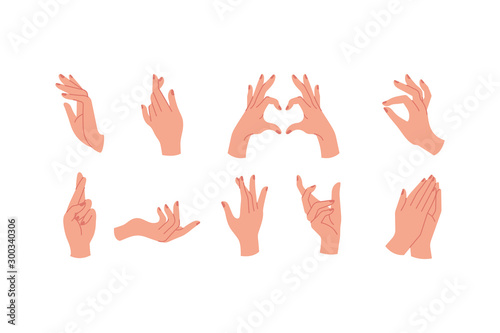 Vector design linear template logos or emblems - hands in in different gestures.