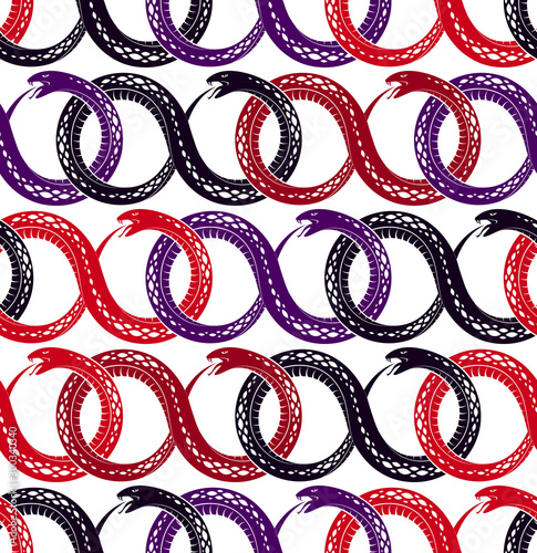 Seamless snakes pattern in vintage drawing style, dangerous poisoned reptiles vector background, endless tiling wallpaper, subculture rock n roll and hard rock theme.