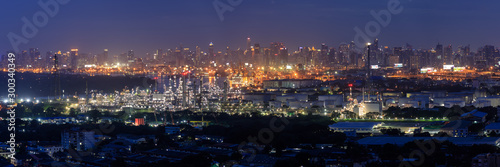Panorama view of oil refinery and city center skyline, Bangkok, Thailand