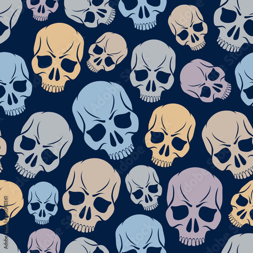 Seamless skulls background, vector pattern with crazy sculls, horror and death theme, Hard Rock and Rock N Roll subculture prints textile, hazard and danger.