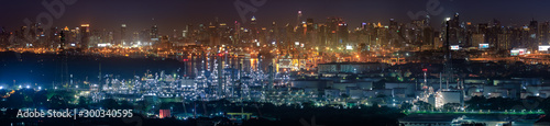 Panorama view of oil refinery and city center skyline, Bangkok, Thailand