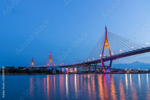"Bhumibol Bridge 1 and 2", the largest bridge over Chao Phraya river, with light-up at night, Bangkok, Thailand.