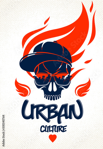 Urban culture style skull in sunglasses vector logo or emblem, gangster or thug illustration, anarchy chaos hooligan, ghetto theme.