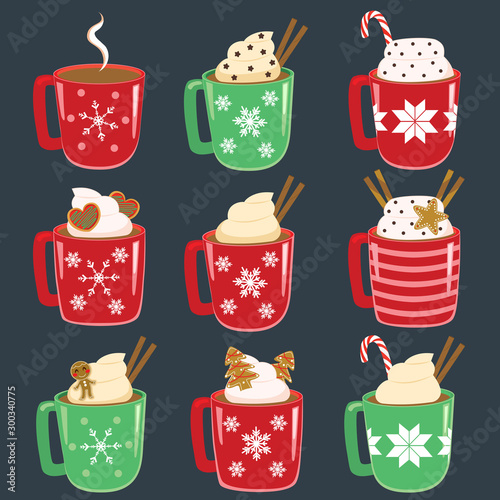 Collection set of Christmas mugs with hot drinks