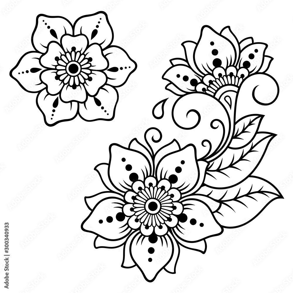 Fototapeta Set of Mehndi flower pattern for Henna drawing and tattoo. Decoration in ethnic oriental, Indian style. Doodle ornament. Outline hand draw vector illustration.