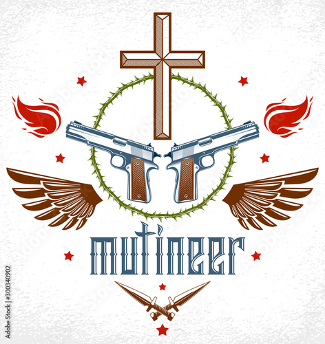 Gangster thug emblem or logo with Christian Cross, weapons and different design elements , vector tattoo, anarchy and chaos, dead rebel partisan and revolutionary.