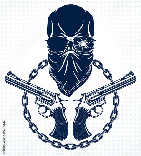 Revolution and Riot wicked emblem or logo with aggressive skull, vector tattoo, anarchy and chaos, rebel partisan and revolutionary.