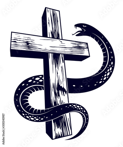 Serpent on a Cross vintage tattoo, snake wraps around Christian cross, God and Devil allegory, the struggle between good and evil, symbolic vector illustration logo or emblem.