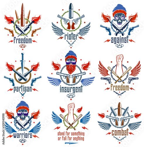 Revolution and Riot aggressive emblem or logo with strong clenched fist, aggressive skull, bullets and guns, weapons and different design elements , vector tattoo, rebel and revolutionary.