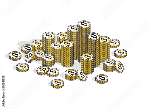 Cash money coin cent stacks isolated on white background. Vector 3d isometric business and finance illustration, thin line design.