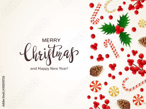 Christmas Decorations with Holly Berries and Candy