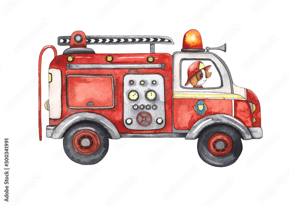Fire truck Watercolor cute set of fire engine cartoon colorful illustration  on white background. Red rescue color. Baby Hand drawn clip art Stock  Illustration | Adobe Stock