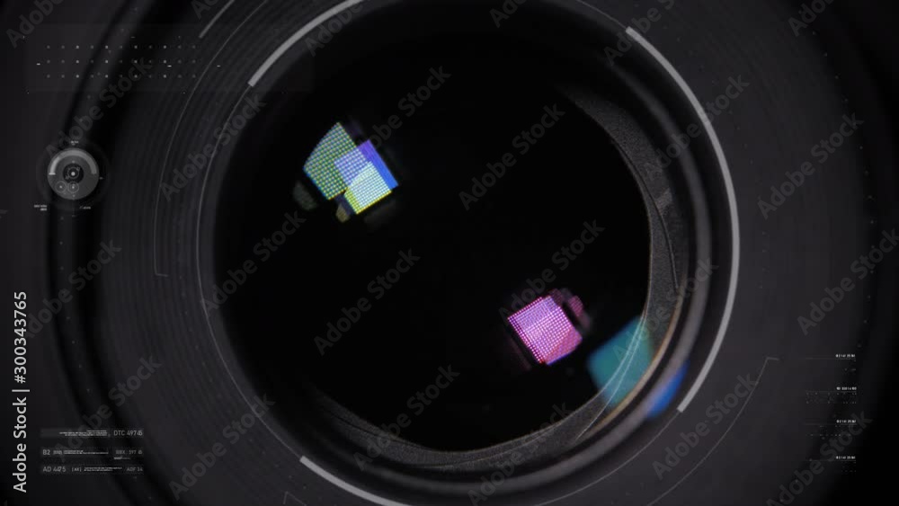 Diaphragm blades of the fixed lens opening and closing aperture f-stop adjustment of a photo camera close-up shot with HUD animation