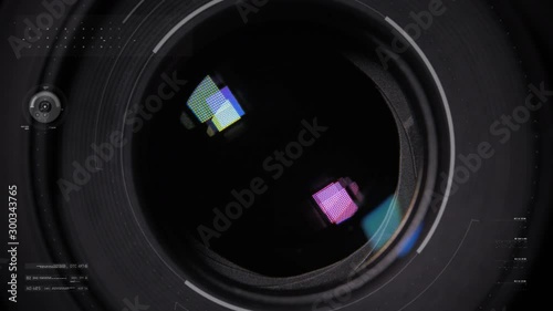 Diaphragm blades of the fixed lens opening and closing aperture f-stop adjustment of a photo camera close-up shot with HUD animation