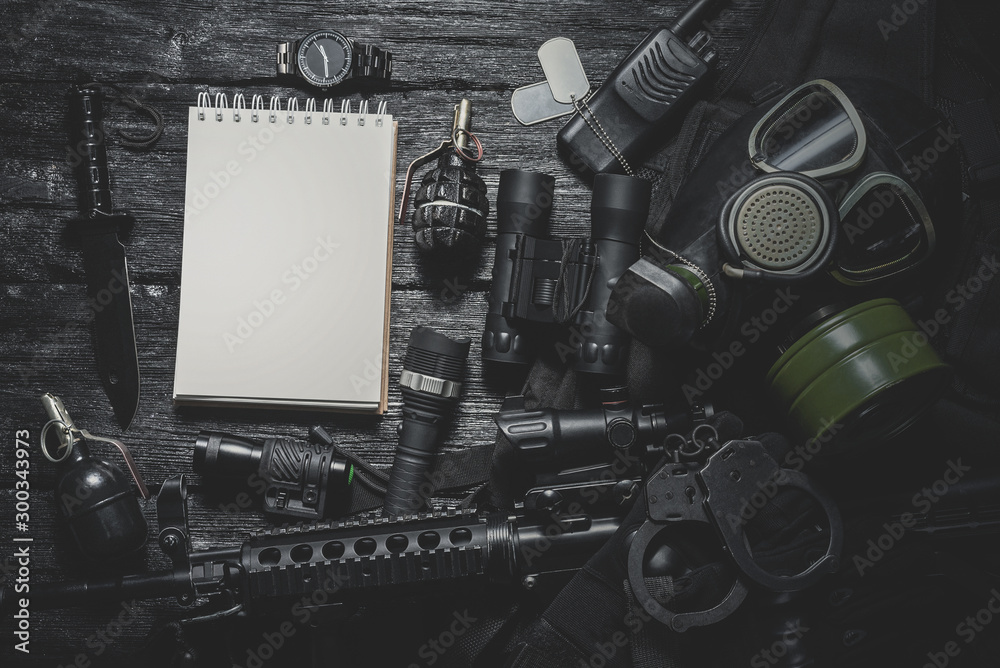 Military equipment list mock up. Army diary. Special agent table concept flat lay background with copy space.