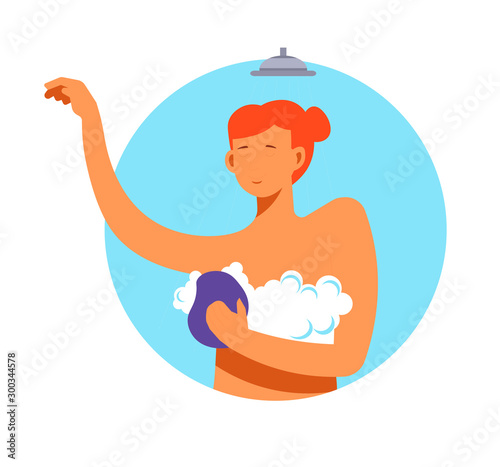Woman washing her body with soapy sponge in hands