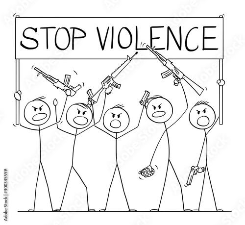 Vector cartoon stick figure drawing conceptual illustration of group or crowd of soldiers, or armed people with guns demonstrating or brandish with pistols and rifles and holding stop violence sign.