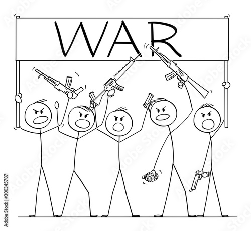 Vector cartoon stick figure drawing conceptual illustration of group or crowd of soldiers, or armed people with guns demonstrating or brandish with pistols and rifles and holding war sign.