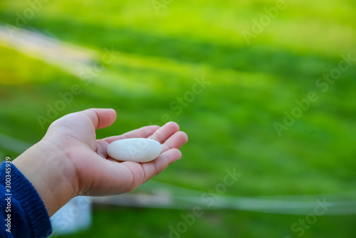 The girl's hand is holding a white stone in her hand, while she was playing on the green lawn. © stockbob