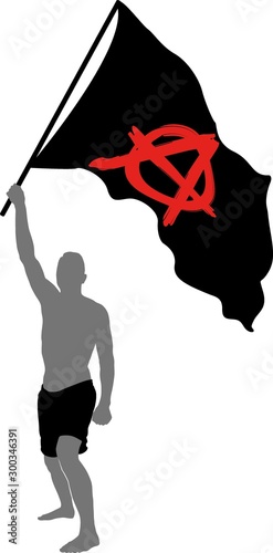 man with anarchist symbol on black flag