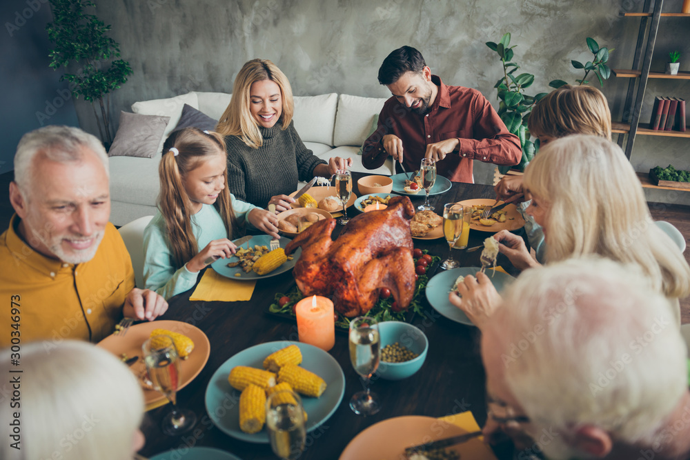 Top above high angle photo of large happy family mature friends small little children gather sit table celebrate thanksgiving day november event eat poultry meal corn harvest drink wine in house