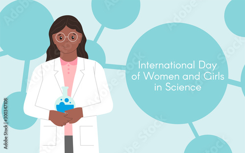 Dark-skinned female chemist with a test tube. International Day of Women and Girls in Science. Woman chemist. Woman scientist. Illustration. Flat style. Abstract background
